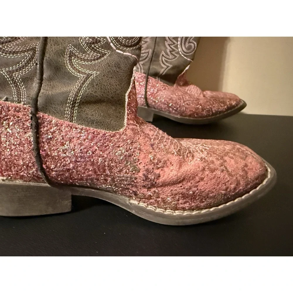 Roper Girls Pink Glitter Western Cowgirl Boots Brown Square Toe Pull On